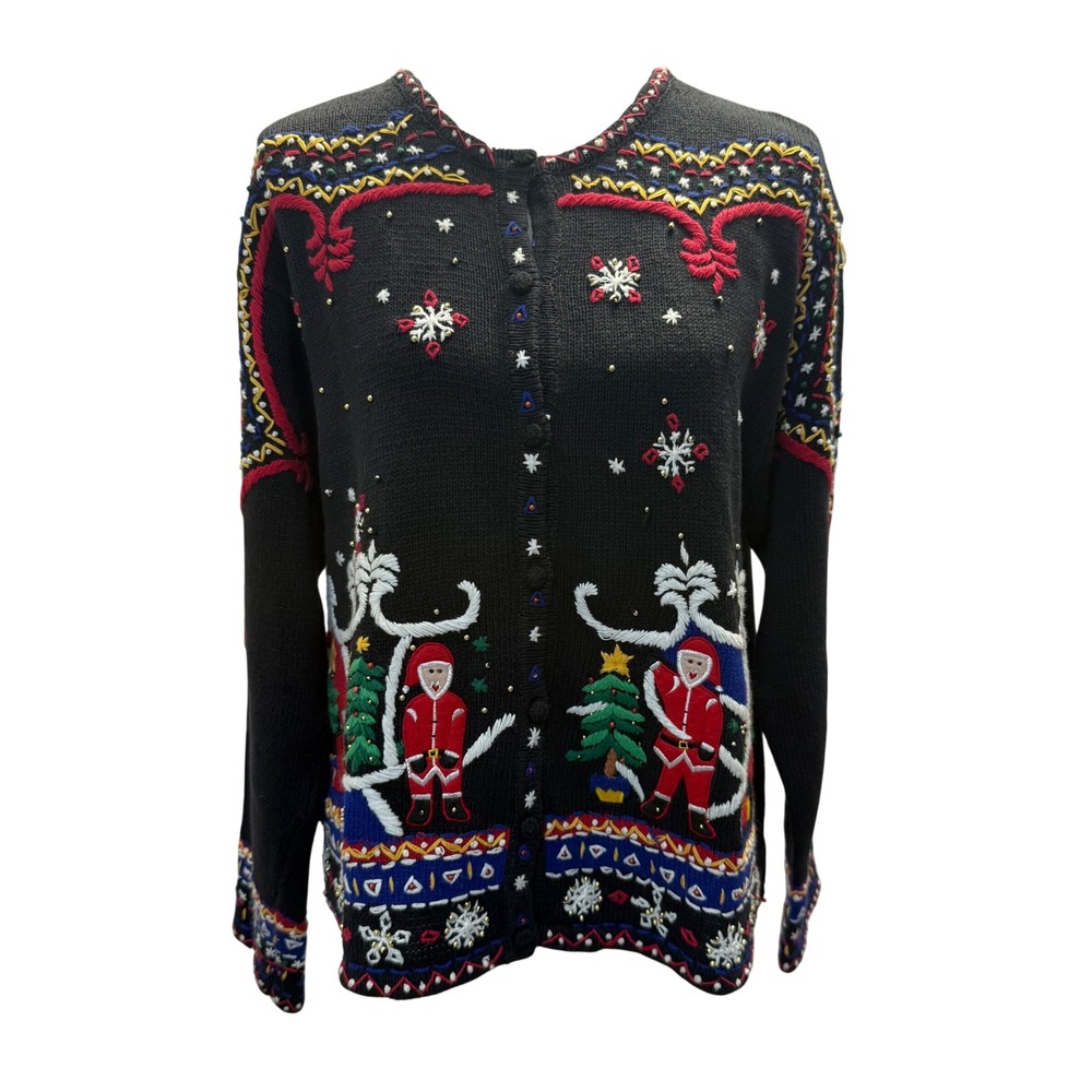 Vintage Lord & Taylor Christmas Sweater Cardigan Large Ramie Cotton Beaded 90s